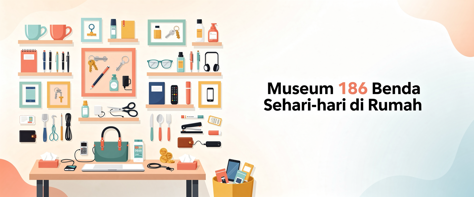 Ilustrasi museum 186 benda sehari-hari di rumah untuk Mpo186 dengan tema museum mini 186 benda sehari-hari dari rumah, meja kerja, dan tas harian.